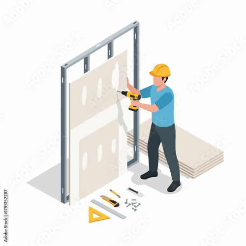Isometric Professional Worker Installing Drywall on Metal Frame Wall Construction