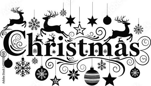 Elegant black and white christmas typography with reindeer and ornaments