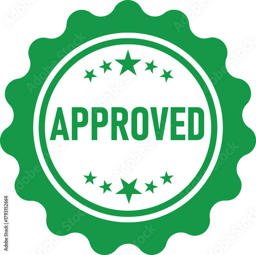 Green approved stamp with stars and wavy edges symbolizing quality certification and official endorsement for documents and products