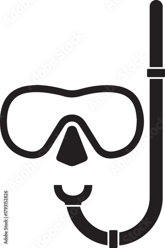 Simple black silhouette icon representing a diving mask and snorkel for underwater exploration and aquatic sports on a white background