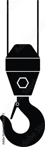 Close up silhouette of a heavy duty industrial crane hook and pulley system suspended against a white background for construction and lifting operations