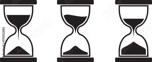 Three stylized black and white hourglass icons showing different stages of sand falling representing the passage of time and countdowns