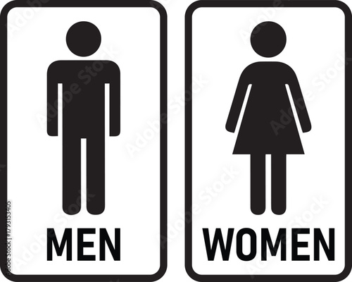 Clear black and white icons of a male and female silhouette with the words men and women below indicating separate gendered public restrooms or facilities