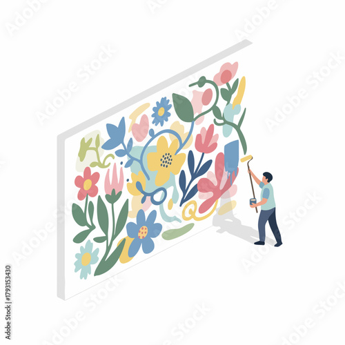 Isometric Illustration of Man Painting a Floral Pattern on a Wall