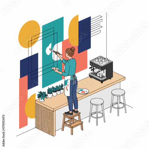 Isometric Professional Woman Painting Abstract Wall Mural Illustration