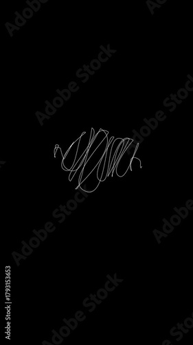animation of White line art scribble isolated on a black background. Abstract line scribble line seamless loop animation in white on black background