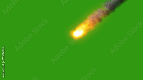 Burning meteor falling on green screen background
