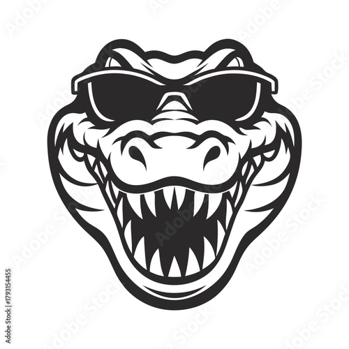 A monochrome crocodile head with sunglasses displays its sharp teeth menacingly toward any potential threat