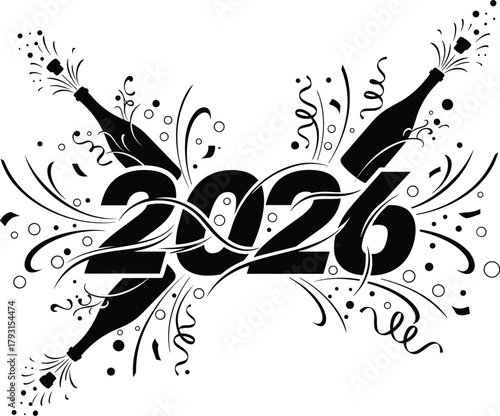 Exploding champagne bottles celebrate the arrival of the year 2026 with festive confetti