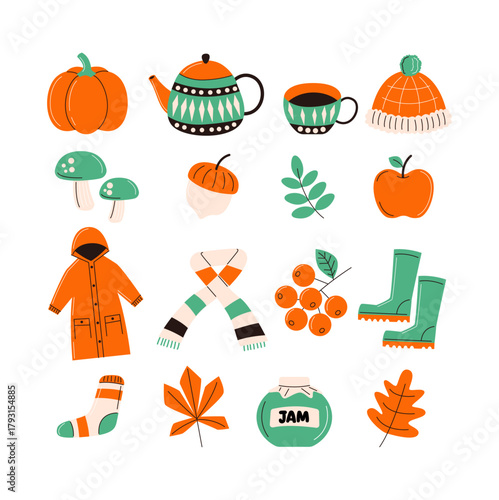 Flat Style Colorful Autumn Elements Illustration Set with Season Detail
