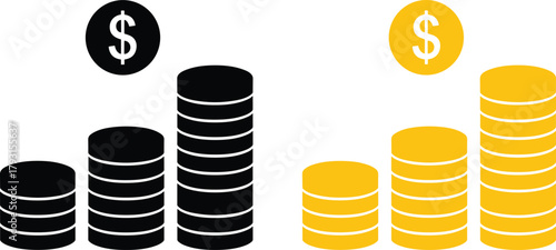 Stacked coin illustration set, financial growth comparison, black and yellow color scheme, dollar symbol, investment concept, money vector graphic, economic visual, no text
