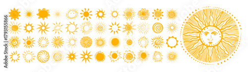 Large set of yellow suns. The sun objects are beautiful hand drawn. Not AI, Vector illustration