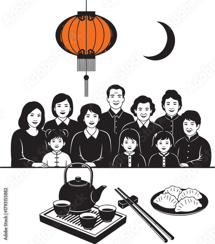 Chinese Family Portrait Dinner Tea Dumplings Lantern Silhouette Vector