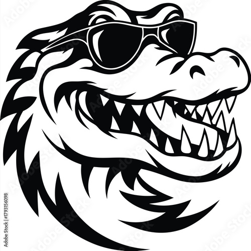 Black and white alligator wearing sunglasses reveals teeth in a full image