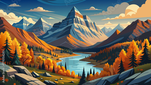 Very beautiful autumn landscape in Glacier National Park, Montana, USA, featuring golden foliage, rugged mountain peaks, winding valleys, and serene natural scenery, capturing the majestic beauty of f