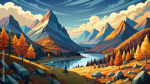 Very beautiful autumn landscape in Glacier National Park, Montana, USA, featuring golden foliage, rugged mountain peaks, winding valleys, and serene natural scenery, capturing the majestic beauty of 