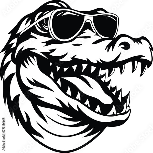 Cartoon gator in black and white features cool sunglasses and menacing open mouth