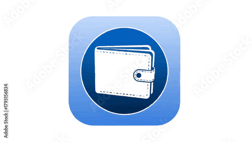 Vector illustration of a white icon of a folded wallet with a button closure on a blue circle background on a transparent background