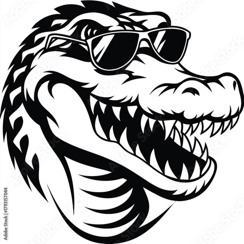 Cool alligator head sports sleek sunglasses, showing his ferocious teeth in black and white