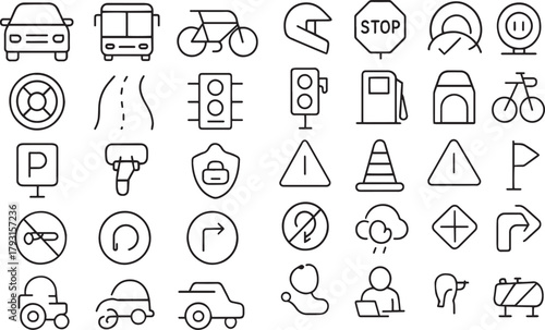 Set of transportation and traffic line icons