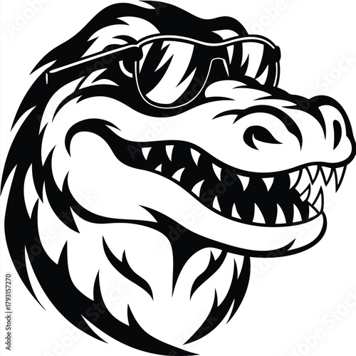 Cool alligator head with sunglasses displays a threatening grin in black and white