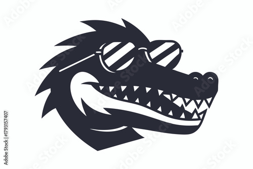 Cool black alligator head showcases stylish striped sunglasses and a toothy smile
