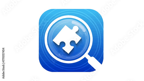 Vector illustration of magnifying glass over a puzzle piece, representing search and problem solving, on a transparent background
