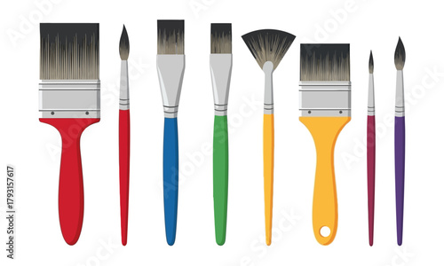 A flat minimalist vector illustration of multiple artist paintbrushes of different shapes and sizes arranged neatly in a row. Each brush has a colorful handle and different bristle types,