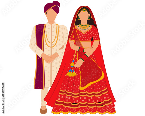 indian wedding bride and groom standing together in traditional wedding outfit vector illustration