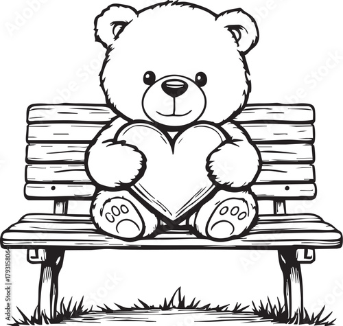 Cute Teddy Bear Sitting on Bench Holding Heart Vector | Adorable Valentine's Day Love Coloring Book Art