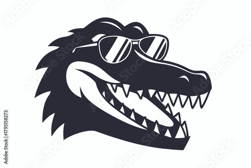 Dark silhouette reveals a cool alligator head wearing sunglasses and open jaws