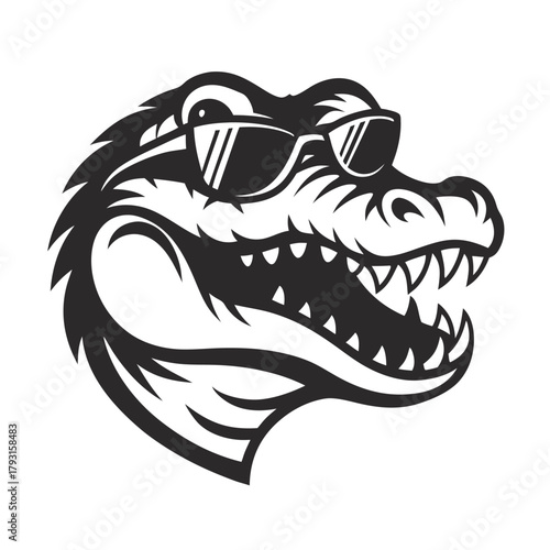 Isolated alligator head wearing sunglasses has a cool and stylish monochrome look