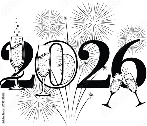 Happy new year 2026 celebration with champagne and fireworks illustration