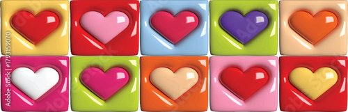 Cute Plastic Heart Icons on Rainbow Tiles – Festive Decorative Set