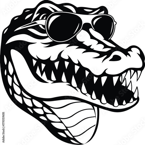shows the cool crocodile wearing sunglasses, with a bold black and white design