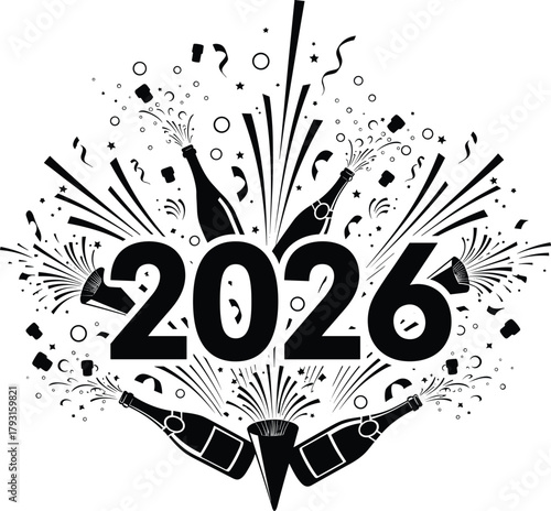 Happy new year 2026 celebration with champagne bottles and fireworks