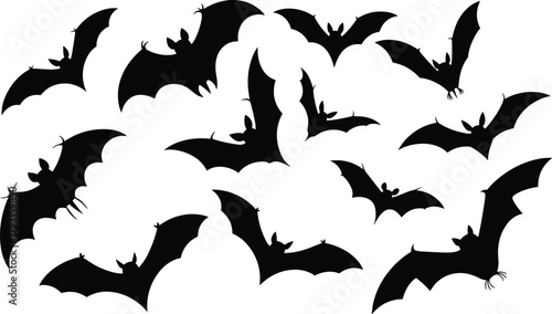 bat silhouettes illustration, black flying bats, Halloween theme, spooky animal drawing, nocturnal creatures, white background, scary winged icons