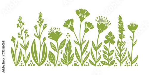 An arrangement of flowers and herbs displayed on a white background. Stylization applied. Green leaves and shoots. Pink flowers. Simple decorative features. Lines, dots, and petals. 