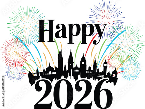 Happy new year 2026 celebration with london skyline and fireworks display