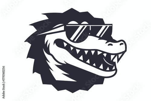 Sharp toothed crocodile with cool sunglasses boasts its unique jagged silhouette against white