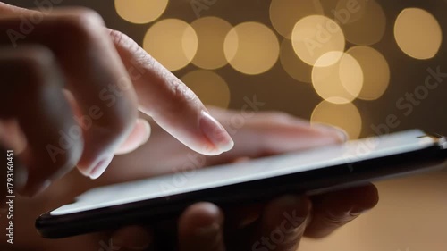 Close-up of Hand Interacting with Smartphone Screen in Warm Bokeh Environment Featuring Online Activity and Connectivity