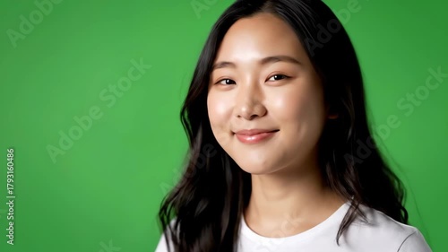 Asian woman demonstrating hydration and healthy lifestyle by drinking water from a reusable bottle against vibrant green background for