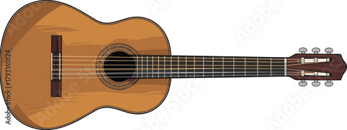 classical acoustic guitar, front view illustration, wooden body, music instrument, six strings, educational sketch, musical reference art