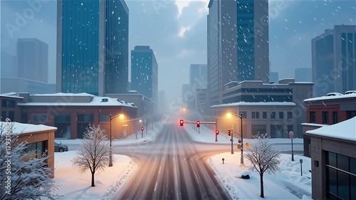 Urban Snowfall Empty Street City Intersection Winter Weather Blizzard Snowing Traffic Lights Cold Temperature Downtown Buildings Architecture Moody Atmosphere
