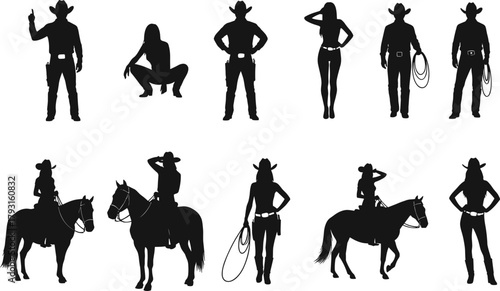 Cowboy and cowgirl silhouettes in Western poses with horses and lassos, showcasing traditional rodeo action, ranch life, and country style.