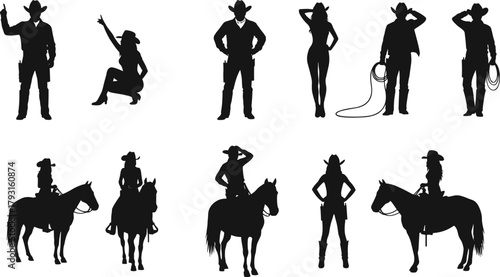 Cowboy and Cowgirl Silhouettes in Western Poses, Horse Riding, Ranch Life, Salute Gesture, Children, Country Lifestyle, Vector Illustration
