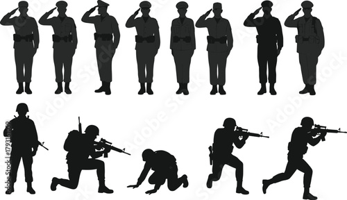 Military silhouettes of soldiers saluting and in combat poses, tactical gear, army action, defense forces, war readiness, vector illustration.