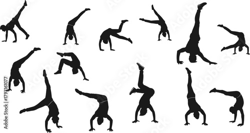 Sequence of human cartwheel silhouettes in motion, black vector icons for gymnastics, sports training, movement analysis, and physical activity design.