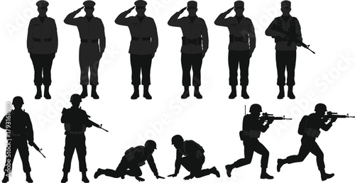 Military vector silhouettes of soldiers saluting and in combat positions, tactical gear, armed forces, battlefield action, defense, war illustration.