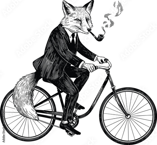 fox-headed man, surreal animal character, anthropomorphic illustration, black and white art, bicycle rider, pipe smoking fox, whimsical design